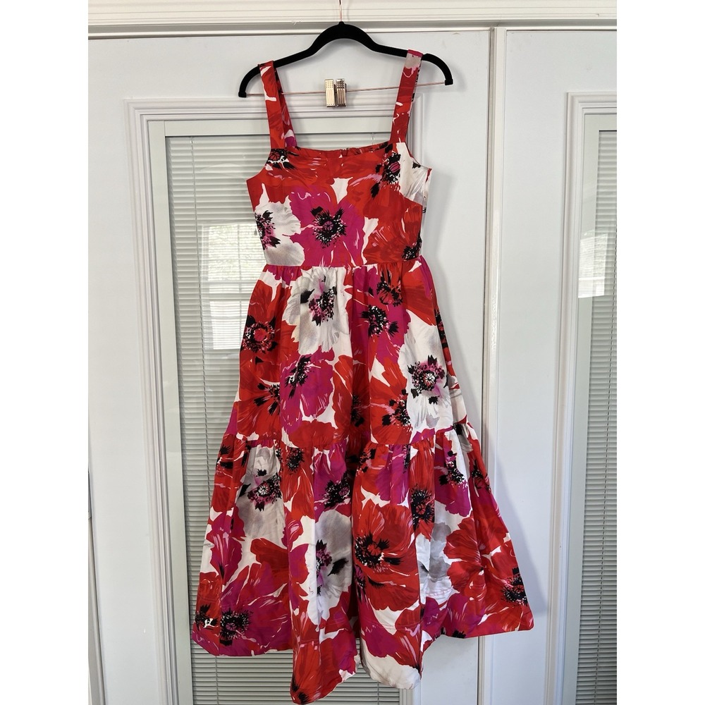 Tanya Taylor Gia Dress Size 2 Red Floral Midi Silk Blend Fit Flare Sundress $545 - Picture 3 of 13